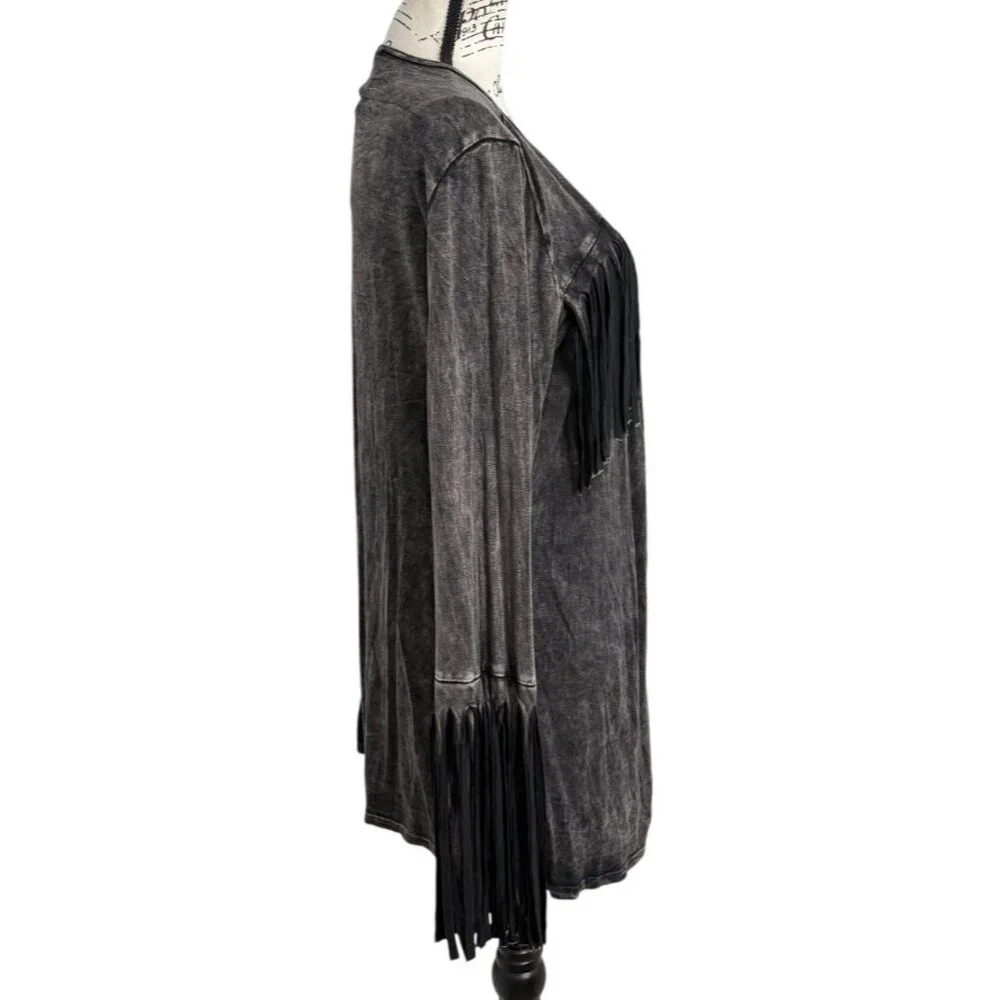 T Party Open Front Cardigan Fringe Washed Black Long Sleeve Womens Size M NEW - Picture 2 of 7